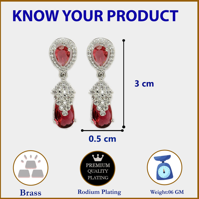Rhodium Plated Silver Toned with Red American Diamond Small Drop Earrings