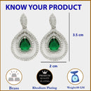 Rhodium Plated Silver Toned with Teardrop Shaped Green American Diamond Drop Earrings