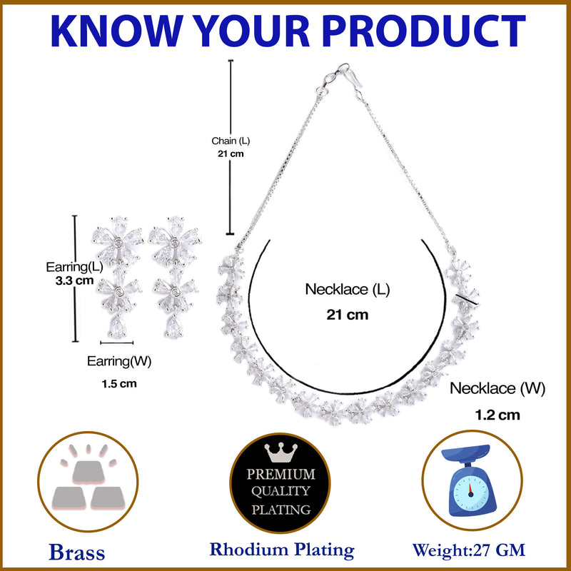 Rhodium-Plated with Silver-Tone & White American Diamond Stone-Studded Jewellery Set