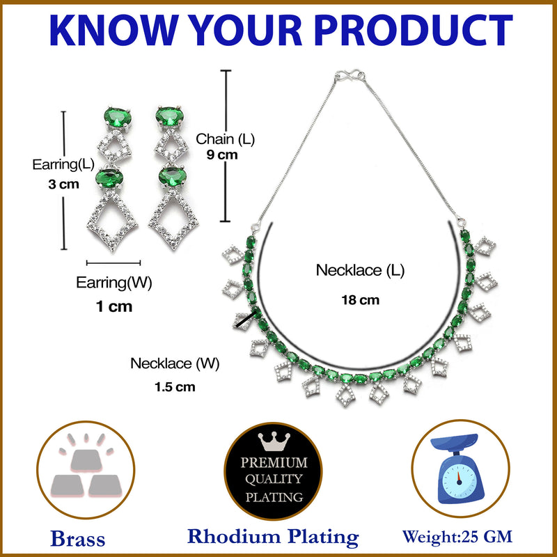 Rhodium-Plated Silver Toned Rectangle Green American Diamond Studded Necklace Earrings Jewellery Set