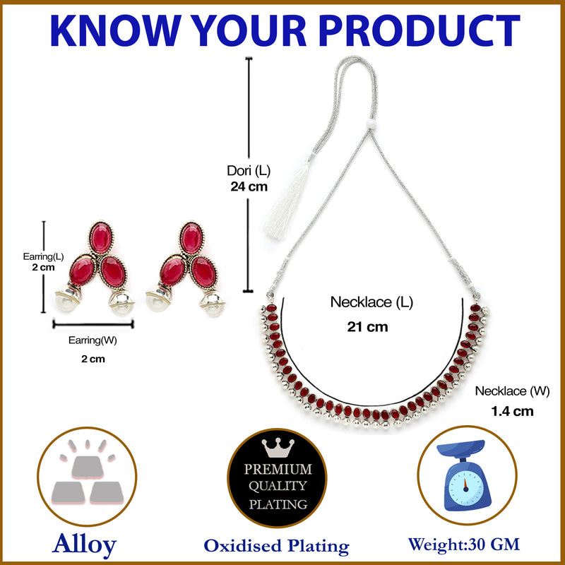 Rhodium-Plated with Oxidised Silver-Tone Red American Diamond-Studded & Pearl Beaded Jewellery Set