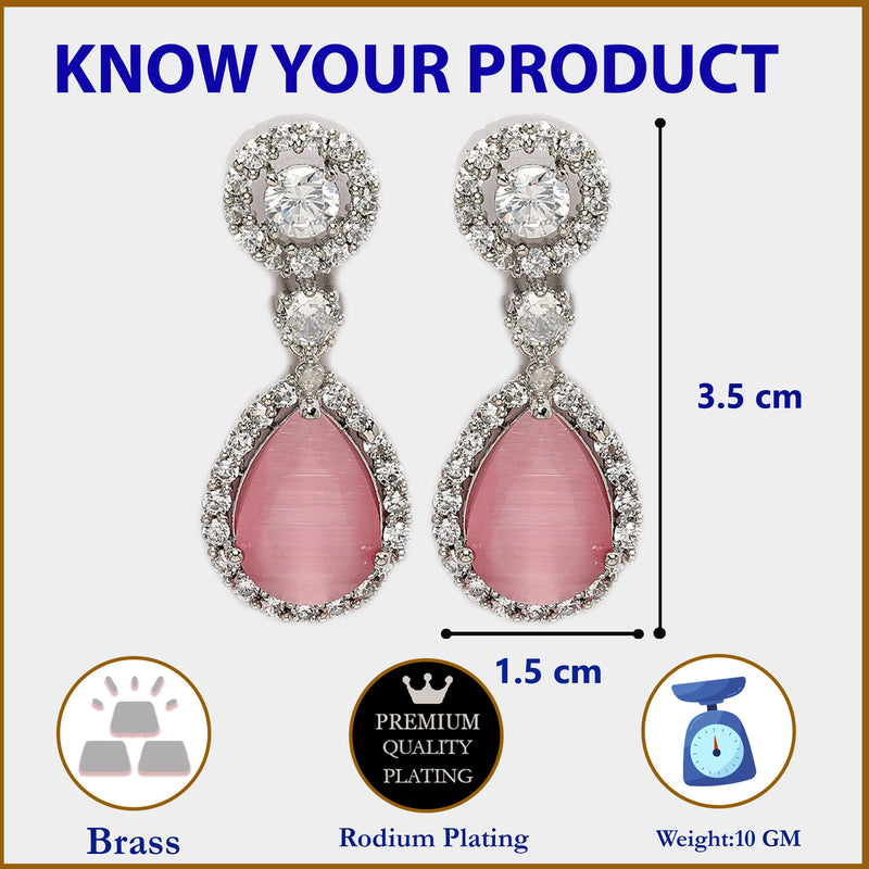 Rhodium Plated with Pink & White American Diamond Circular & Teardrop Shaped Drop Earrings