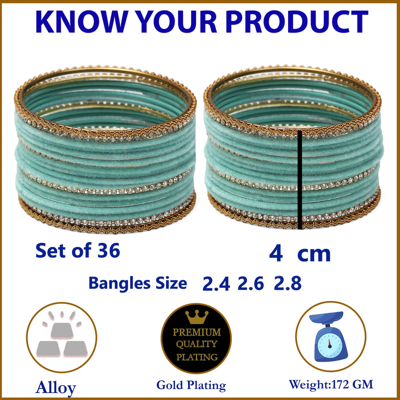 Gold-Plated Turquoise Blue Matte Finish Velvet White American Diamonds Studded Bangles Set Of 36