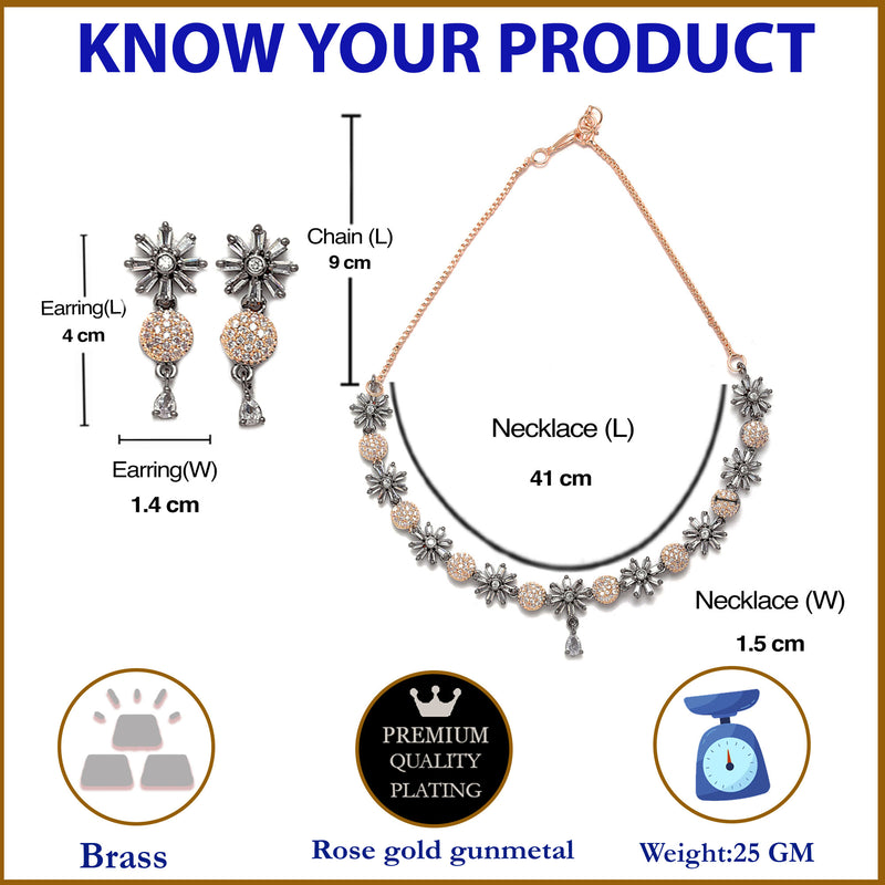 Rose Gold-Plated Gunmetal Toned White American Diamond Studded Flower-Round Necklace with Earring Jewellery Set