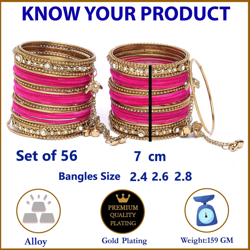 Gold-Plated Pink Matte Finish Velvet American Diamond Studded Gold Pearl Tasselled Bangles Set Of 56