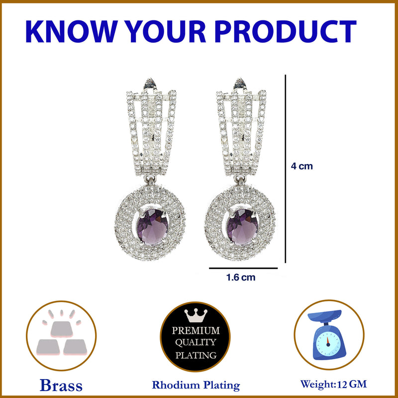 Rhodium-Plated Purple American Diamond studded Handcrafted Oval Shaped Drop Earrings