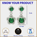 Rhodium Plated with Dual Green American Diamonds Drop Earrings