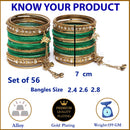 Gold-Plated Green Matte Finish Velvet AD Studded Gold Pearl Tasselled Bangles Set Of 56