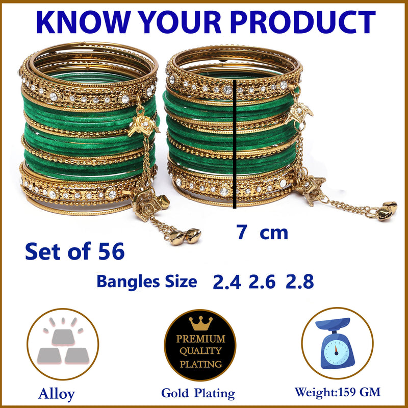 Gold-Plated Green Matte Finish Velvet AD Studded Gold Pearl Tasselled Bangles Set Of 56