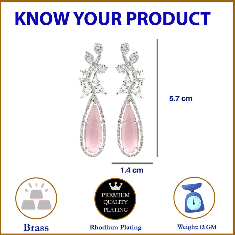 Rhodium-Plated Pink American Diamond studded Teardrop & Leaf Shaped Drop Earrings