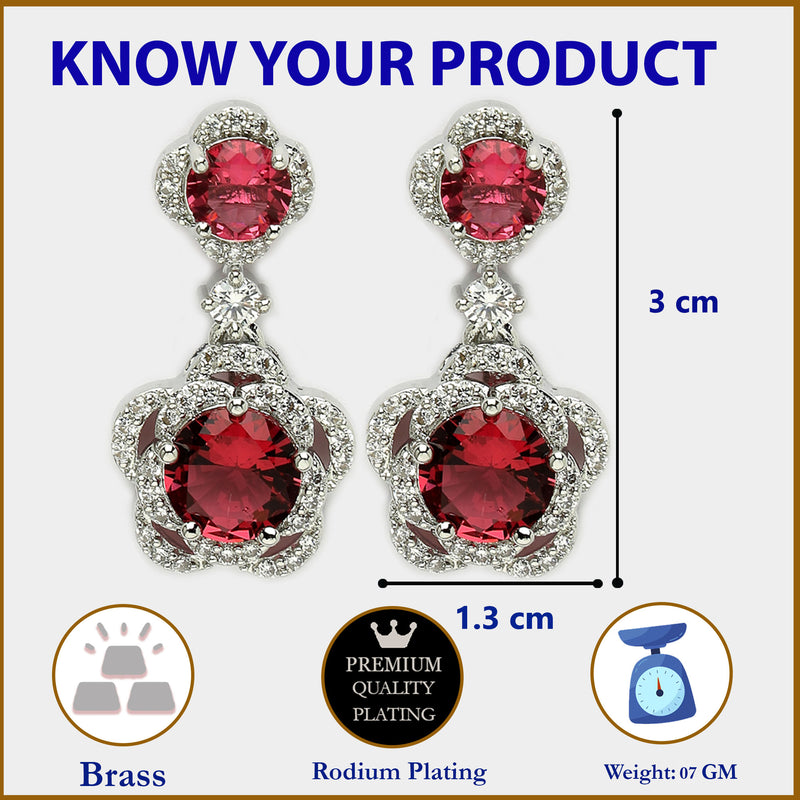 Rhodium Plated with Dual Red American Diamonds Drop Earrings