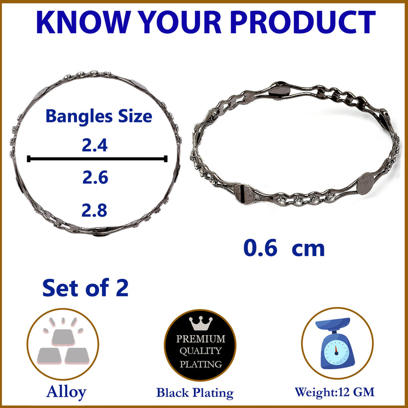 Oxidised Silver-Plated Black Toned White American Diamond studded Temple Coin Bangles Jewellery Set (Set Of 2)