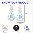 Rhodium Plated Teardrop & Leaf Sea Blue American Diamond Contemporary Long Drop Earrings