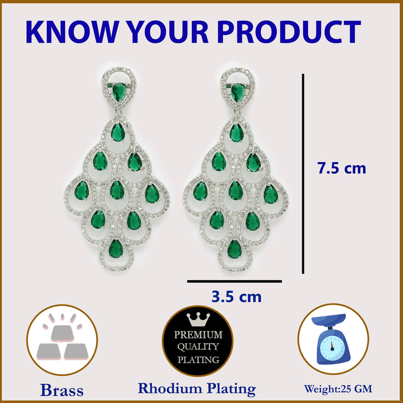 Rhodium Plated Silver Toned with Green American Diamond Dangler Earrings
