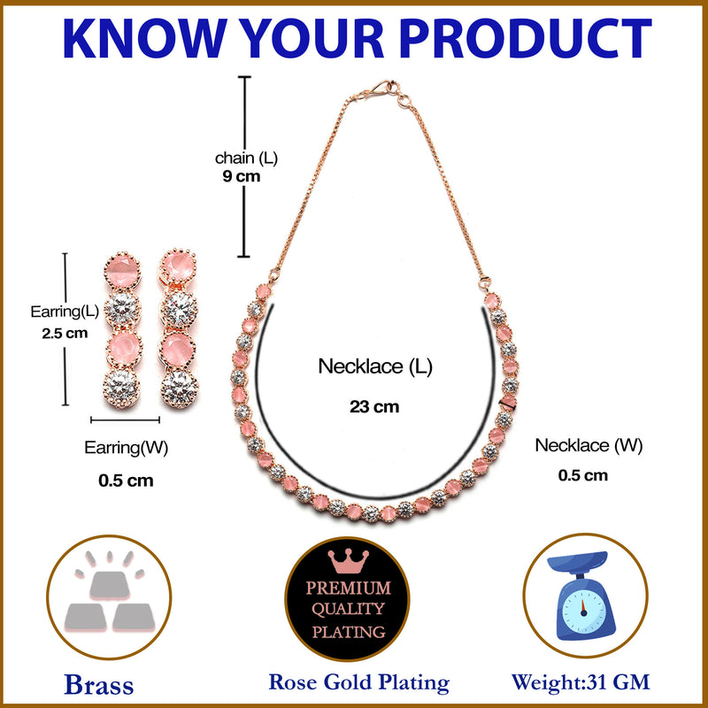 Rose Gold-Plated Round Pink & White American Diamond Studded Necklace Earrings Jewellery Set