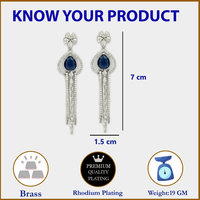 Rhodium Plated with Cluster Design Blue & White American Diamond Dangler Earrings