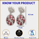Rhodium Plated Teardrop Red American Diamond Contemporary Long Drop Earrings