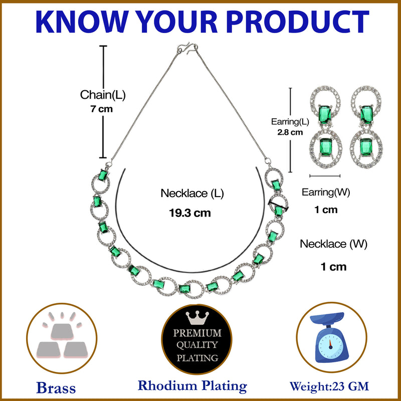 Rhodium-Plated Green American Diamond Studded Disc-Shaped Necklace & Earrings Jewellery Set