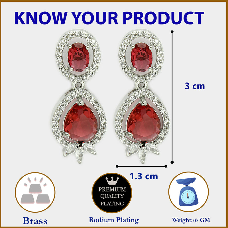 Rhodium Plated with Red & White American Diamond Small Drop Earrings