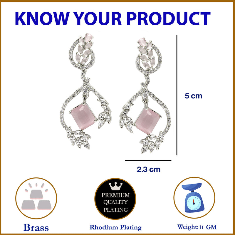 Rhodium-Plated Pink American Diamond studded Square & Leaf Shaped Drop Earrings