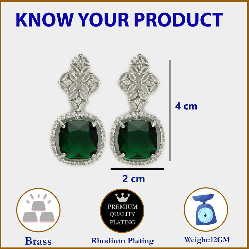 Rhodium Plated Silver Toned with Green American Diamond Small Drop Earrings
