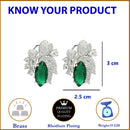 Rhodium Plated Floral Design with Green & White American Diamond Stud Earrings