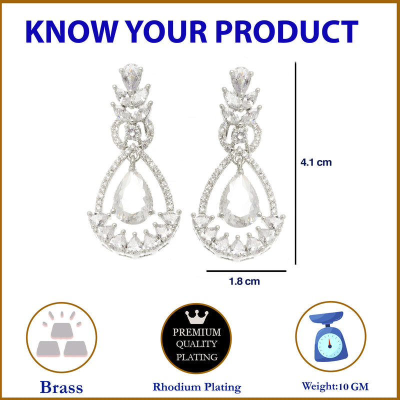 Rhodium-Plated White American Diamond studded Teardrop & Leaf Shaped Drop Earrings