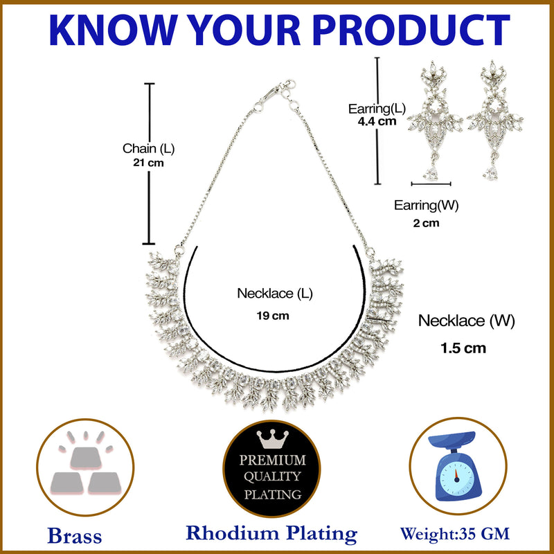 Rhodium-Plated with Silver-Toned White American Diamond Studded Embellish Statement Jewellery Set