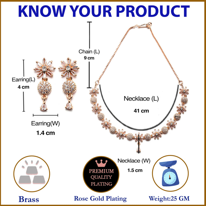 Rose Gold-Plated White American Diamond Studded Flower-Round Necklace with Earrings Jewellery Set