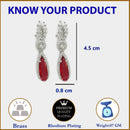 Rhodium Plated Pear Red American Diamond Contemporary Long Drop Earrings