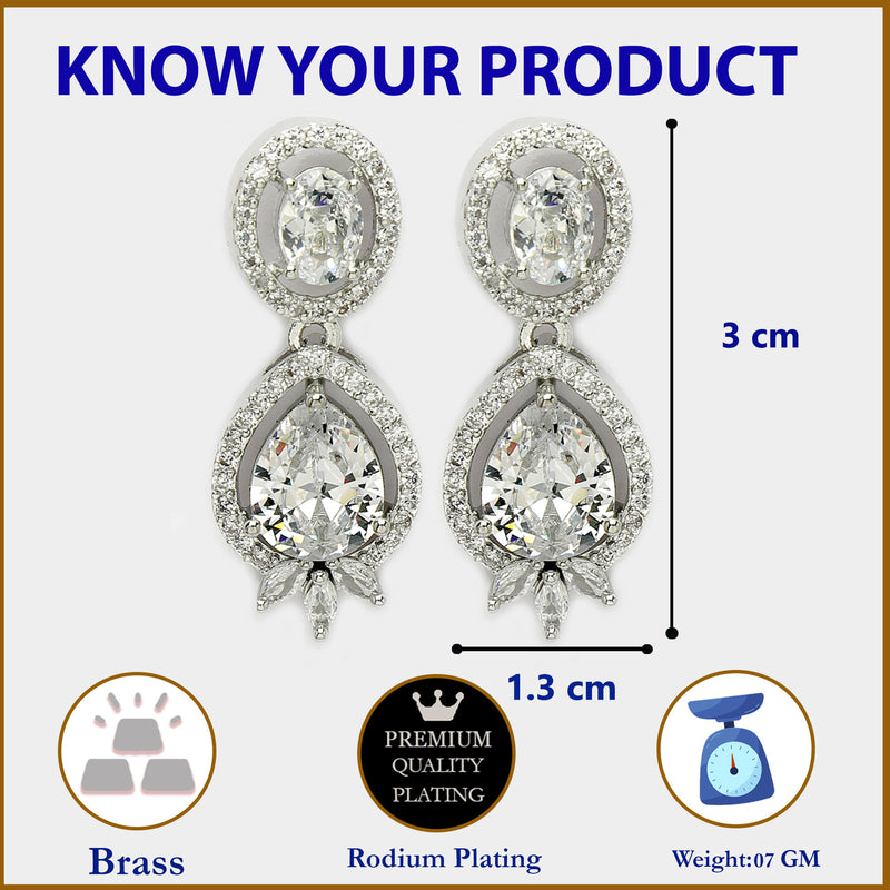 Rhodium Plated with White American Diamond Small Drop Earrings