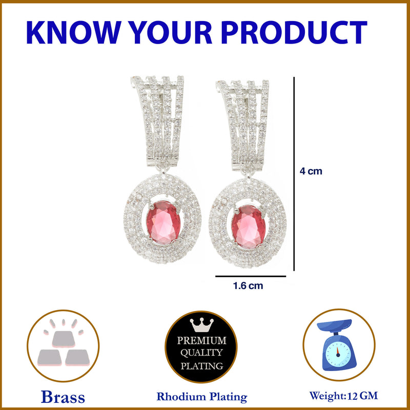 Rhodium-Plated Red American Diamond studded Handcrafted Oval Shaped Drop Earrings