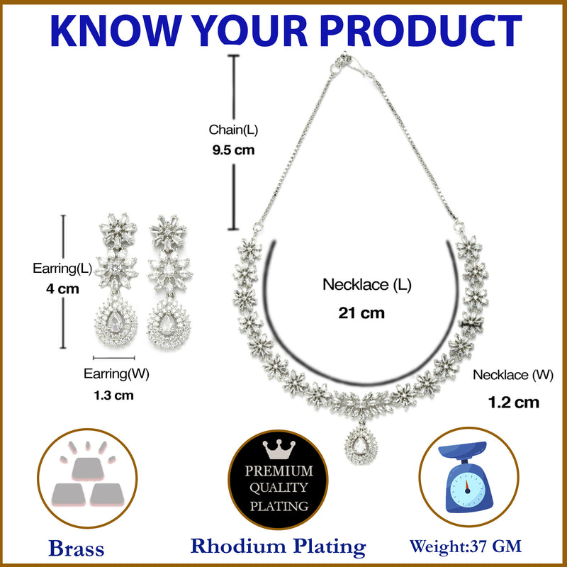 Rhodium-Plated with Silver-Toned Floral Design White American Diamond Studded Jewellery Set