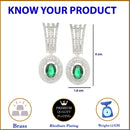 Rhodium Plated Oval Green AD Studded Contemporary Long Drop Earrings