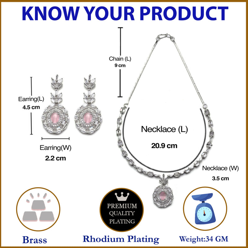Rhodium-Plated Silver Toned Square Pink American Diamond Studded Necklace with Earring Jewellery Set