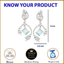 Rhodium Plated Leaf Sea Green American Diamond Contemporary Long Drop Earrings
