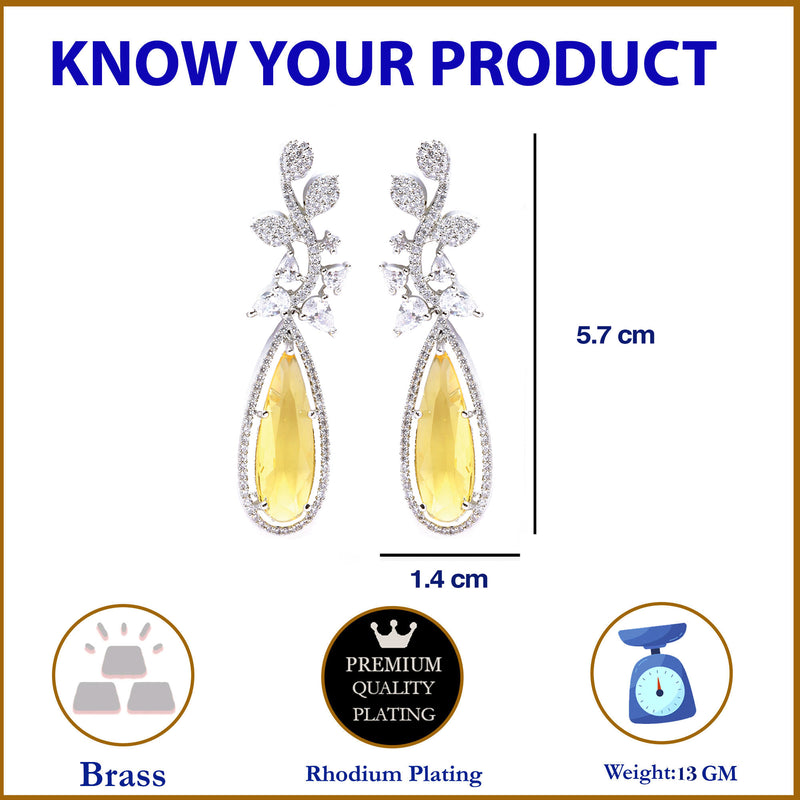 Rhodium-Plated Yellow American Diamond studded Teardrop & Leaf Shaped Drop Earrings