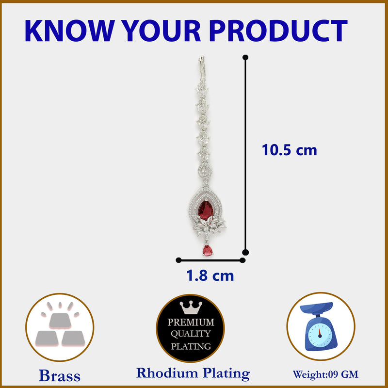 Rhodium Plated Silver Toned Ruby Red American Diamond  Floral Teardrop Maang Tikka  with Elegant Dangling Stones
