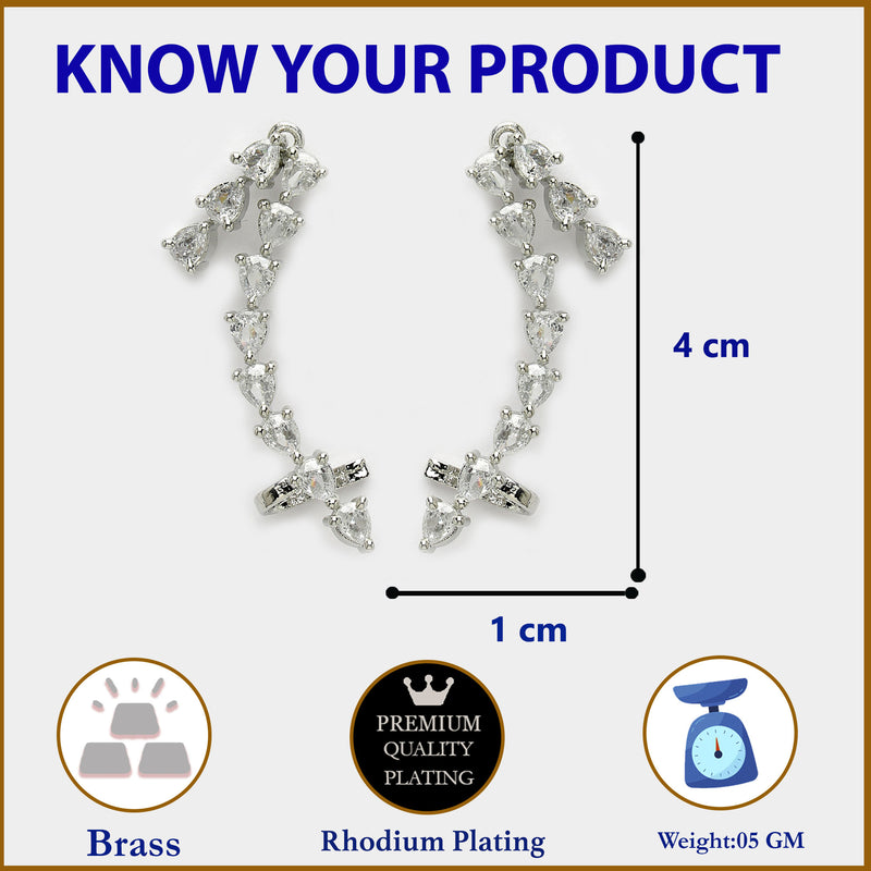 Rhodium Plated Silver Toned Chic Teardrop Crystal American Diamond Studded Minimalist & Modern Ear Climbers