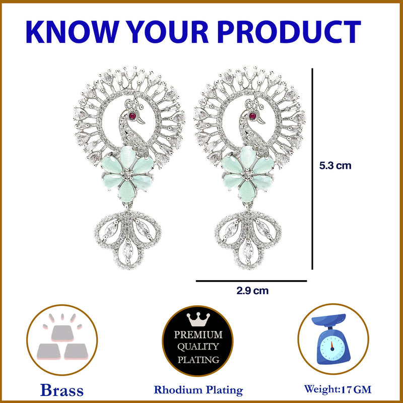 Rhodium-Plated Sea Green American Diamond studded Handcrafted Peacock Shaped Drop Earrings