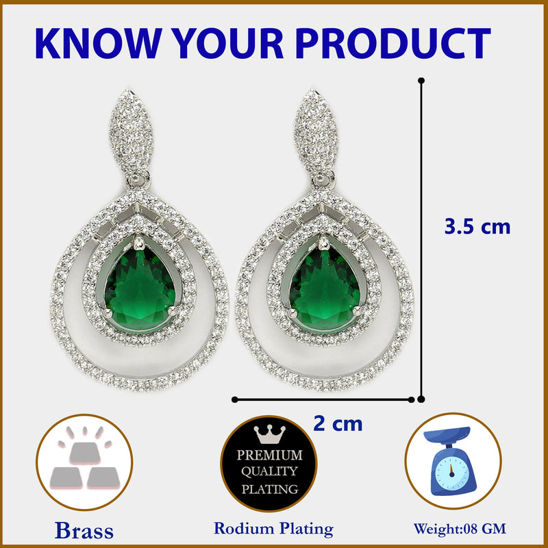 reen Rhodium Plated Stud Earrings with American Diamond Crystals – Dual Tear Drop Design