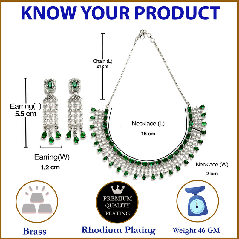 Rhodium-Plated with Silver-Toned Green American Diamond Studded Jewellery Set