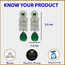 Rhodium Plated Sleek Oval Green American Diamond Contemporary Long Drop Earrings