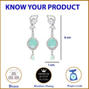 Rhodium Plated Teardrop Sea Green American Diamond Contemporary Long Drop Earrings