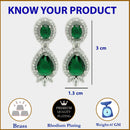 Rhodium Plated with Green & White American Diamond Small Drop Earrings