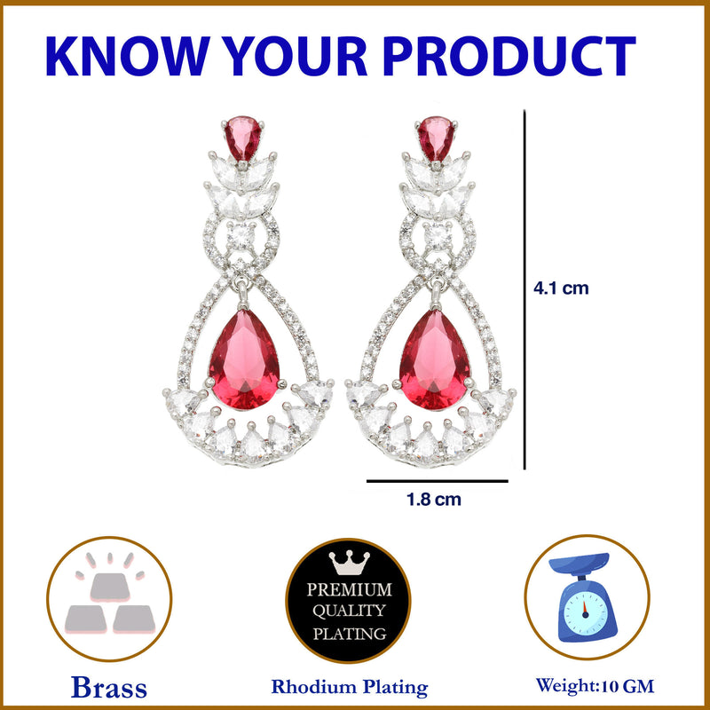Rhodium-Plated Red American Diamond studded Teardrop & Leaf Shaped Drop Earrings