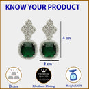 Rhodium Plated Cushion Cut Green American Diamond Contemporary Long Drop Earrings