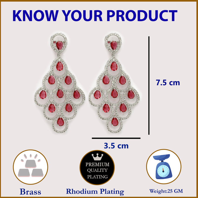 Rhodium Plated Silver Toned with Red American Diamond Dangler Earrings