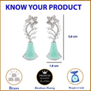 Rhodium-Plated Sea Green & White American Diamond studded Floral Theme Drop Earrings