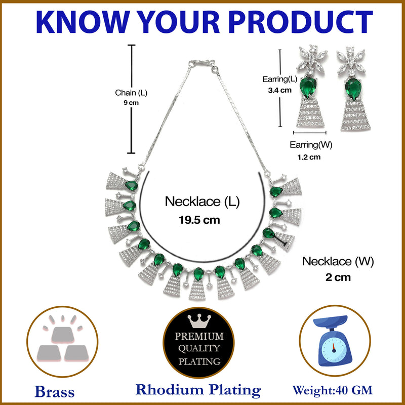 Rhodium-Plated Silver Toned Teardrop Green American Diamond Studded Necklace Earrings Jewellery Set
